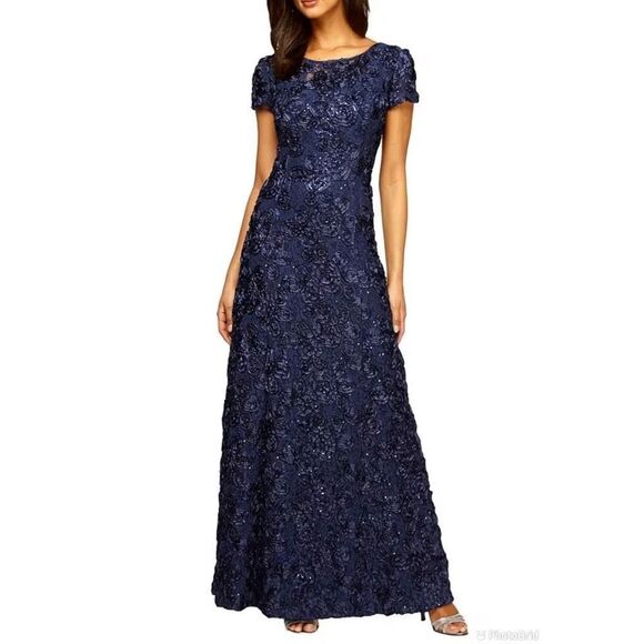Alex Evenings Sequin Floral Lace Ribbon Rosette Round Neck Short Sleeve Gown - Picture 1 of 12